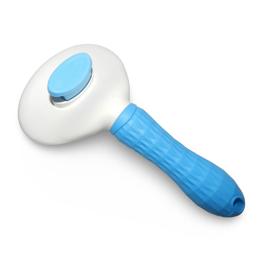 Shopet Easy to Clean Sleeker-Oval Thin Pin Pet Grooming Slicker Brush with Push Button (Blue, 19.5x10.5cm) – Dog, Cat, Rabbit Grooming Brush for Furry Pets All-in-One Shedding Tool